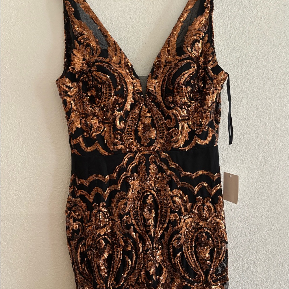 Floor Length Black and Gold Sequined Art Deco Dress